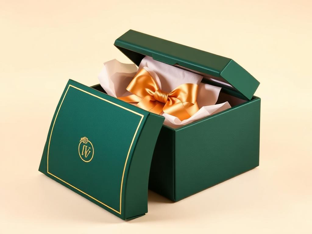 Open emerald rigid gift box with gold ribbon and tissue