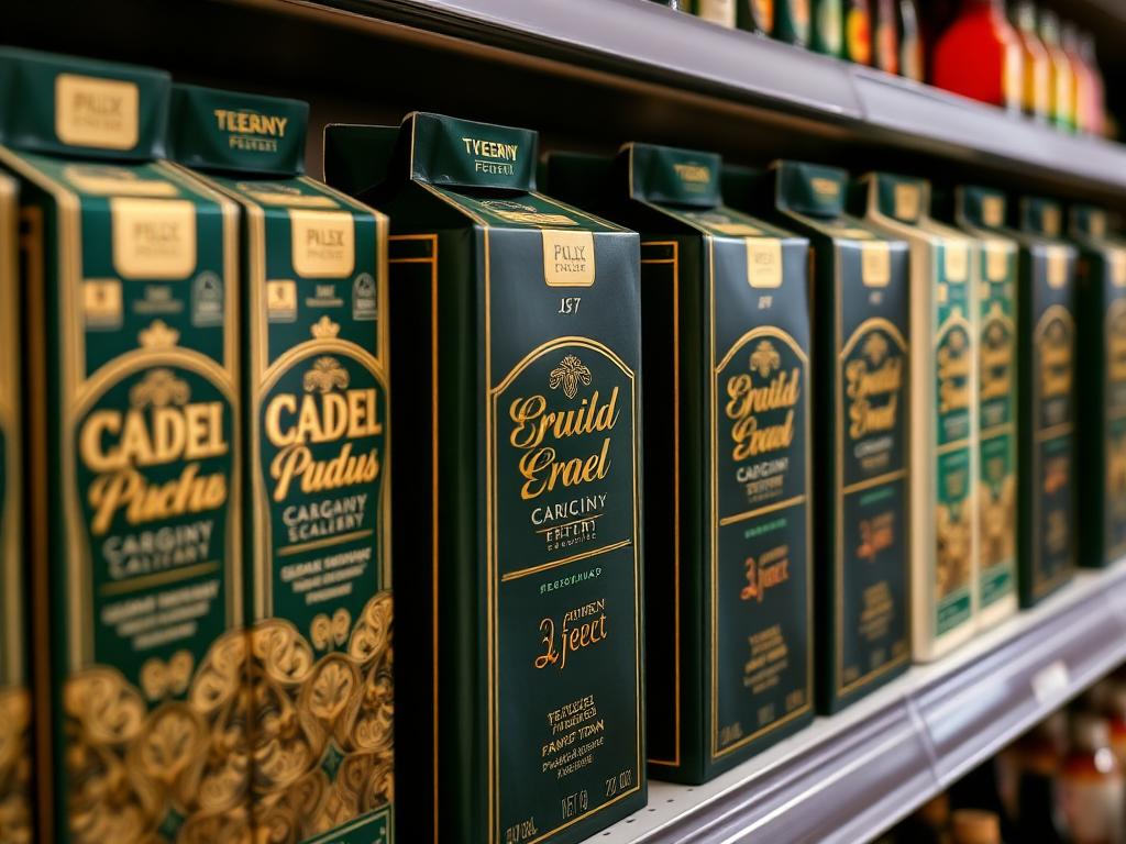 Retail shelf of dark green cartons with gold foil branding