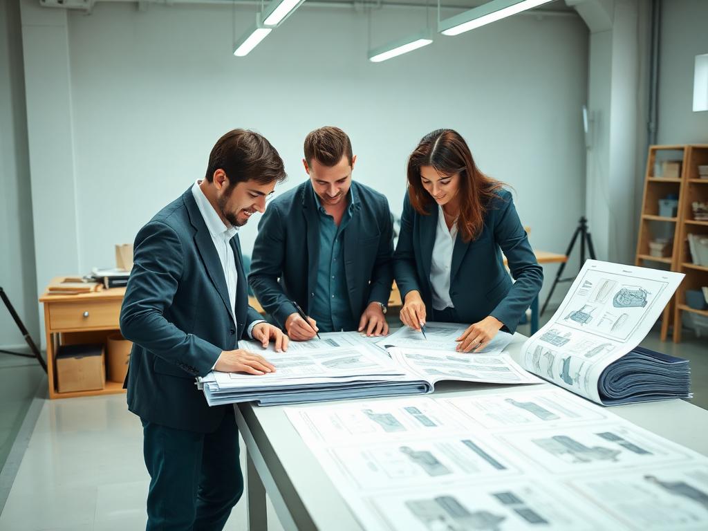 Packaging designers reviewing dielines and colour proofs in a studio